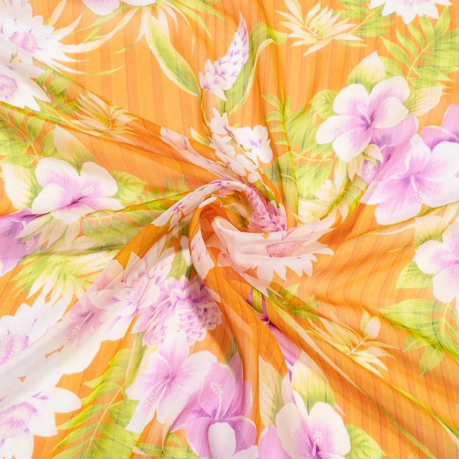 Plumeria Printed Orange Striped Silk Chiffon