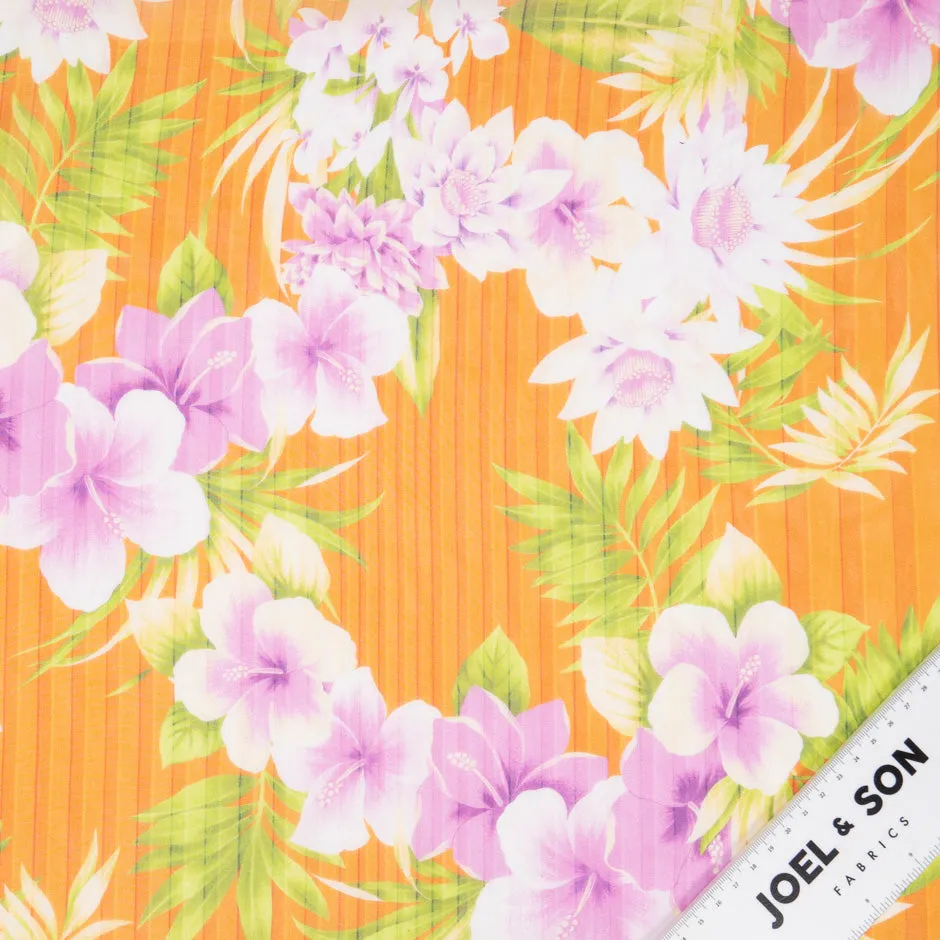 Plumeria Printed Orange Striped Silk Chiffon