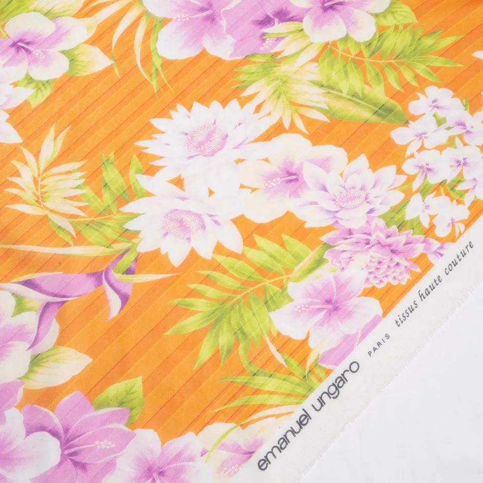 Plumeria Printed Orange Striped Silk Chiffon