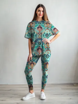 Quirky Yoga Print Premium Oversized Tee With Tummy Tuck Body Shaping Leggings Co-ord Set