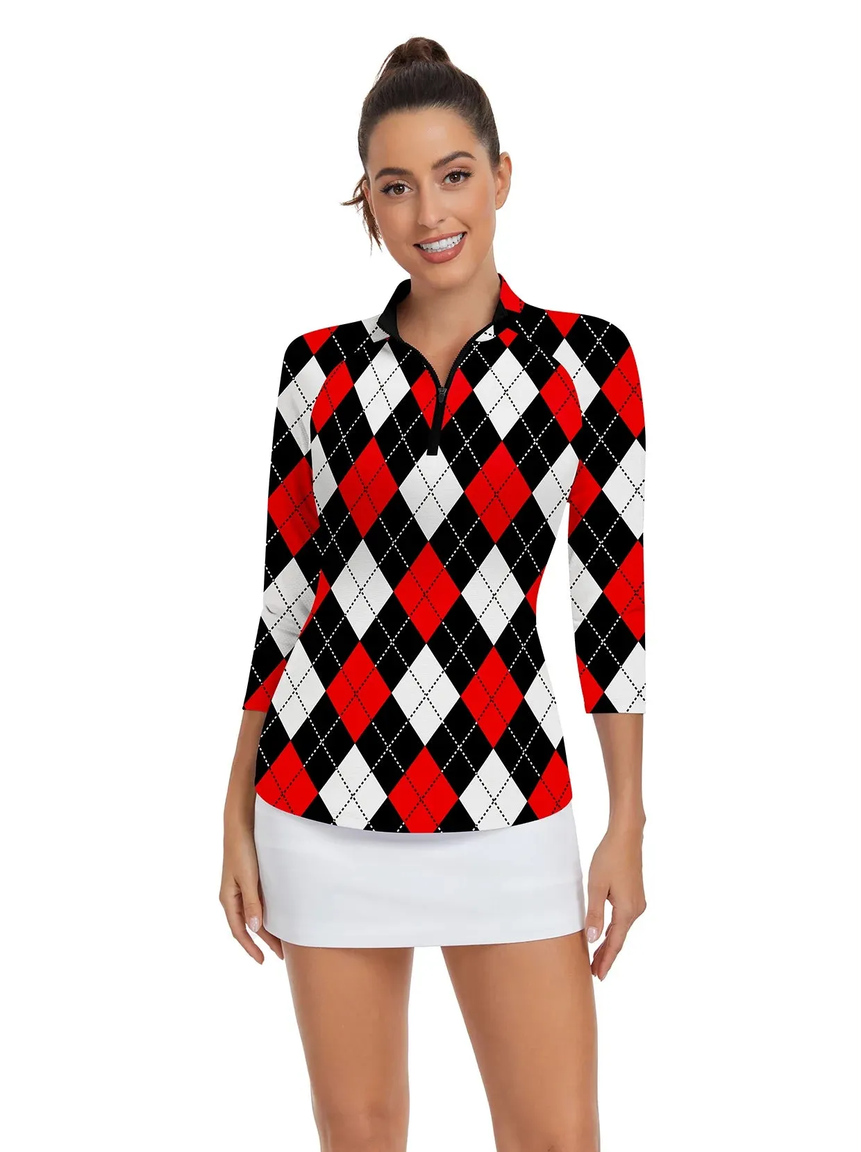 Red and Black Checkerboard Quarter-zip 3/4 Sleeve Golf Shirt For Women