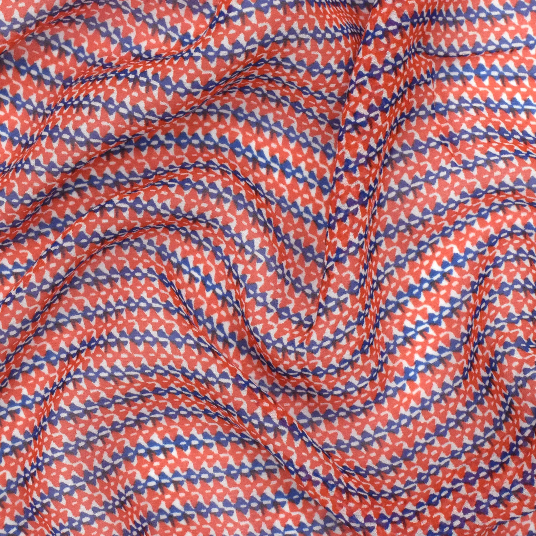 Red-Blue-White Mini Aztec Stripe Printed Silk Chiffon Woven Fabric