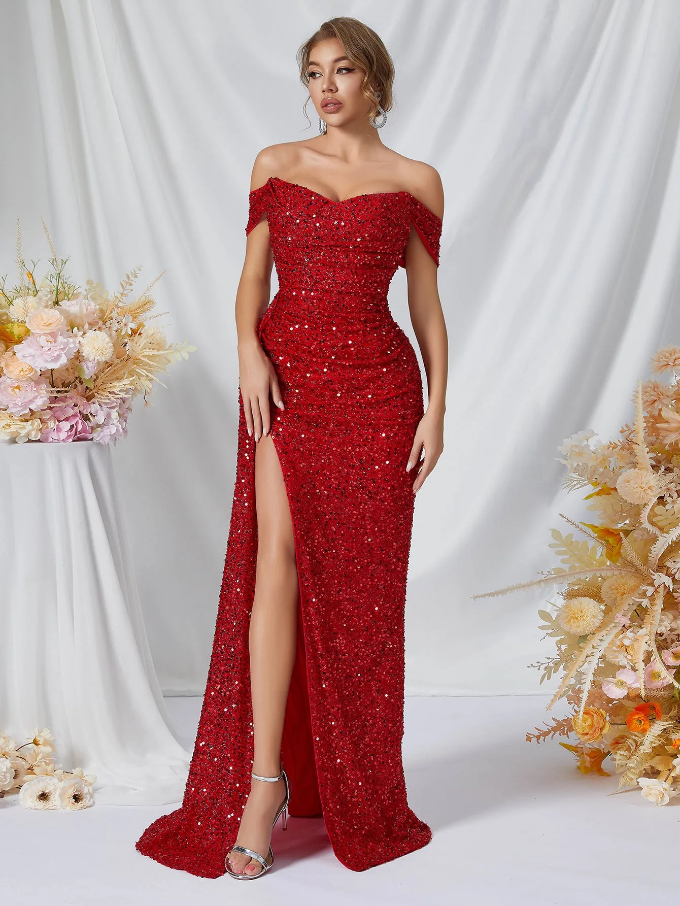 Red Sequined High Slit Gown