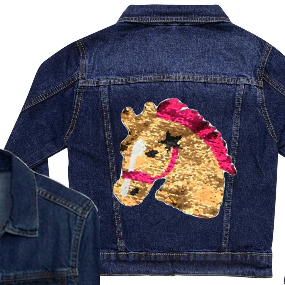 Reversible Sequin Horse Head Denim Jacket