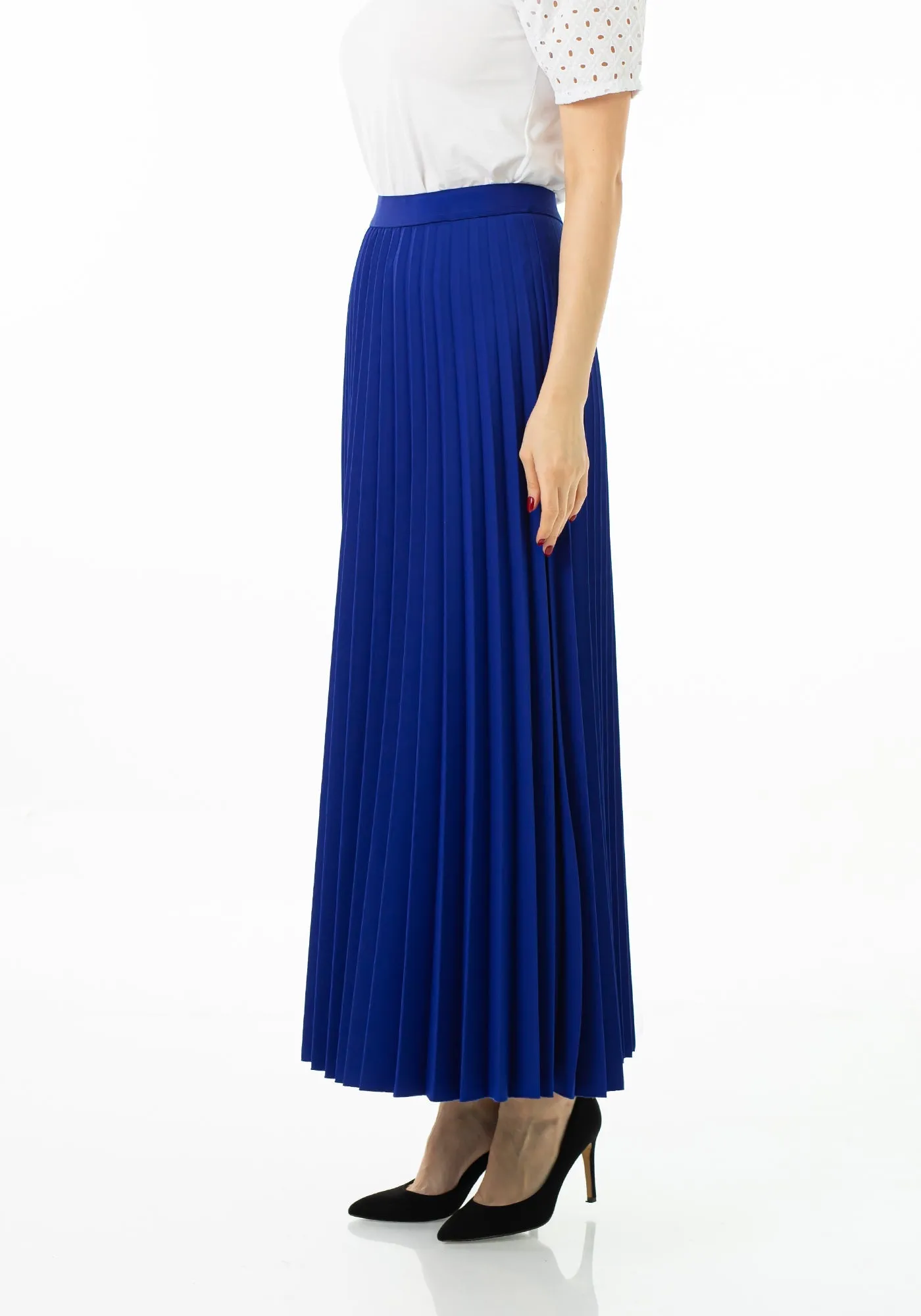 Royal Blue Pleated Maxi Skirt Elastic Waist Band Ankle Length Plisse Skirt