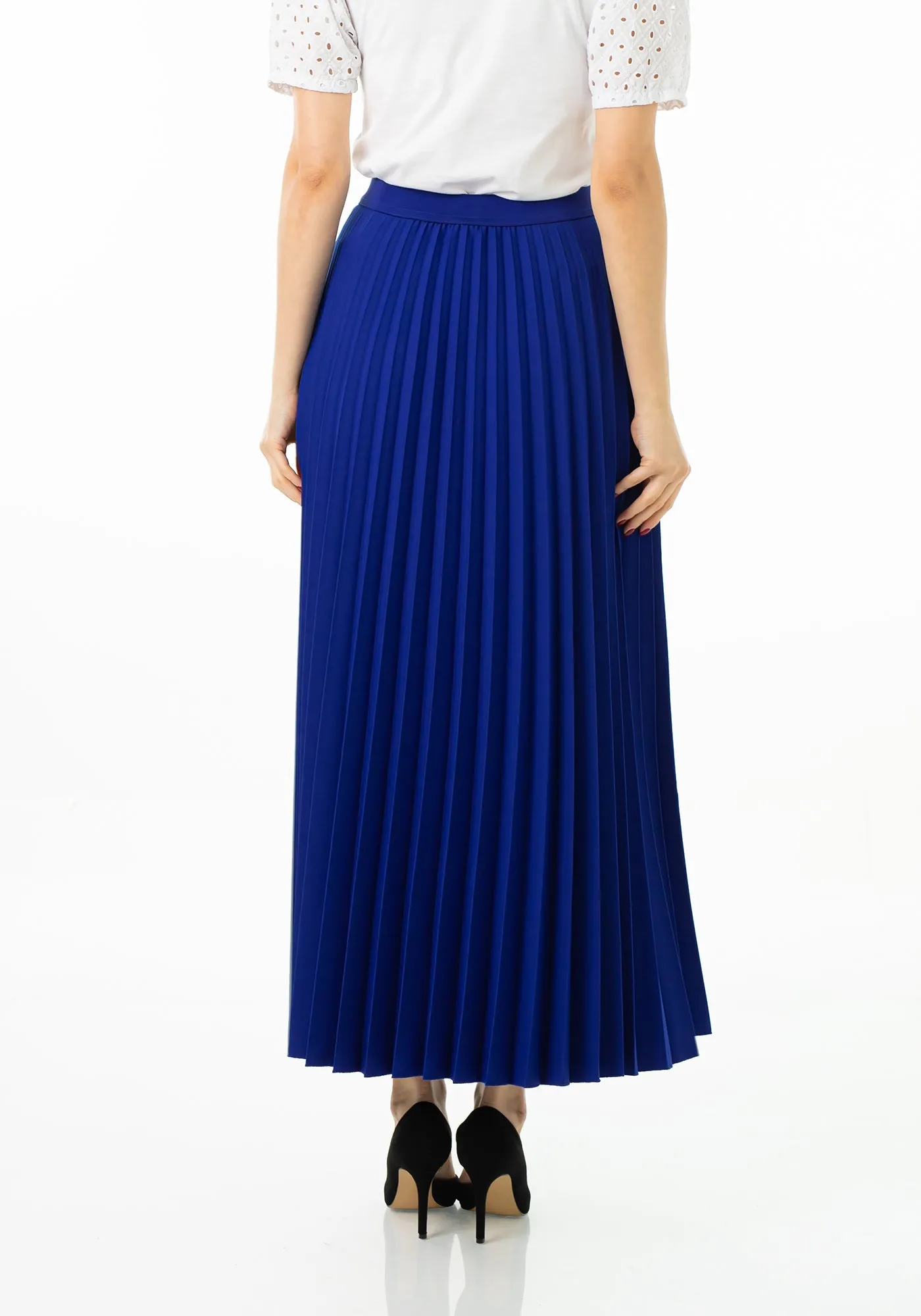 Royal Blue Pleated Maxi Skirt Elastic Waist Band Ankle Length Plisse Skirt