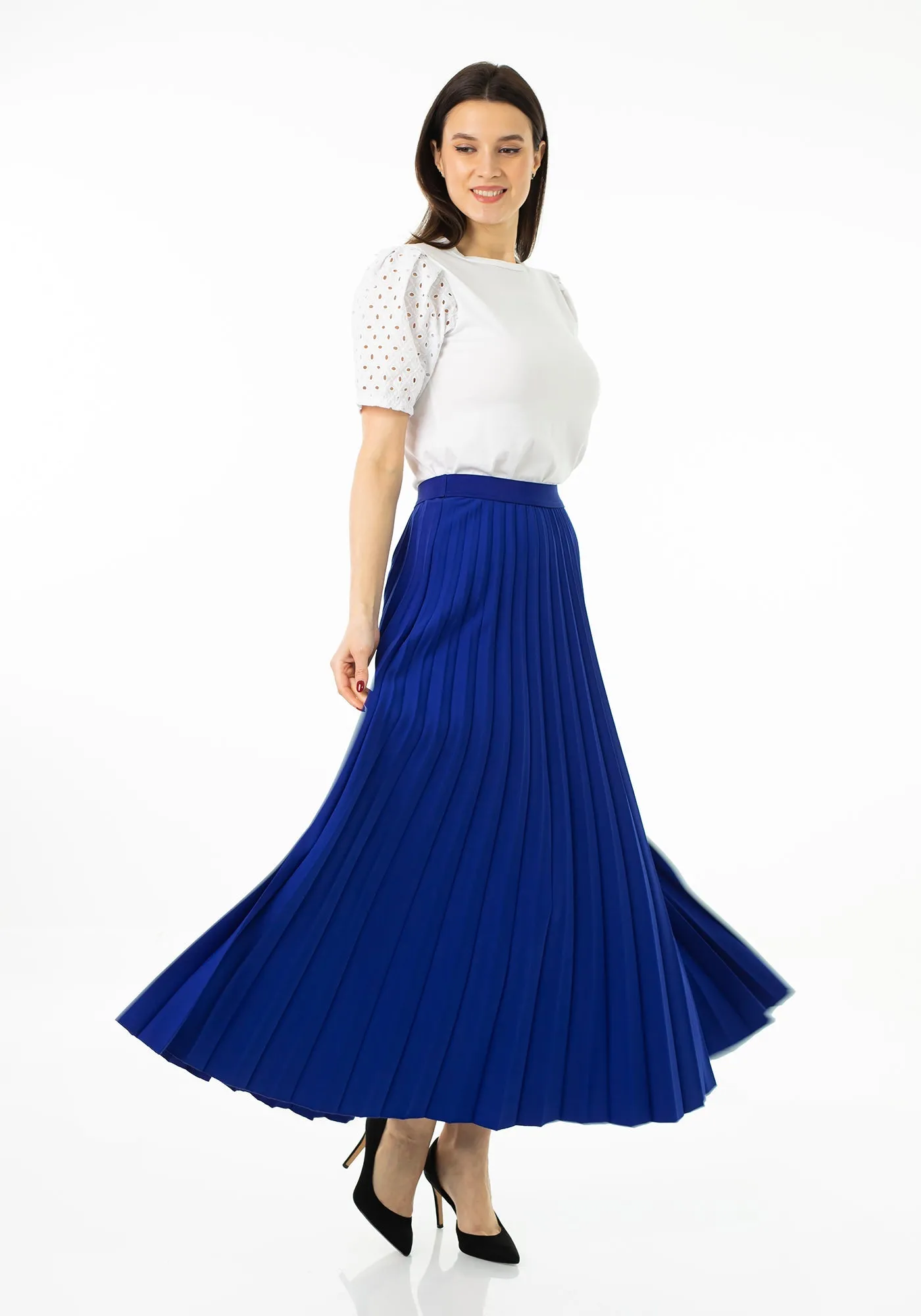 Royal Blue Pleated Maxi Skirt Elastic Waist Band Ankle Length Plisse Skirt