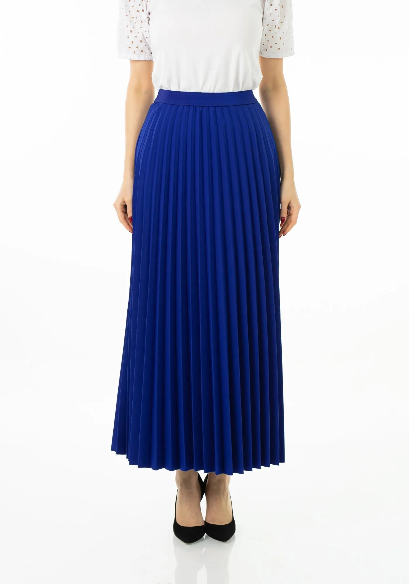 Royal Blue Pleated Maxi Skirt Elastic Waist Band Ankle Length Plisse Skirt