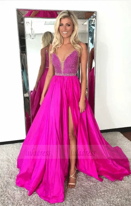 Sexy A-Line Fuchsia Prom Dresses, Sleeveless Formal Evening Gowns