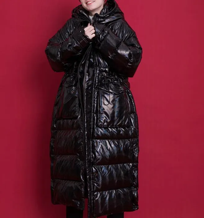 Shiny Black Long Women Winter Plus size Side Pockets Down Jacket Women Down Coats Any Size