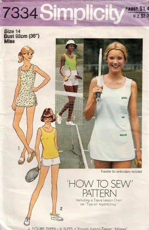 Simplicity 7334 Womens Tennis Dress Top & Shorts with Embroidery Transfer 1970s Vintage Sewing Pattern Size 14 Bust 36 inches