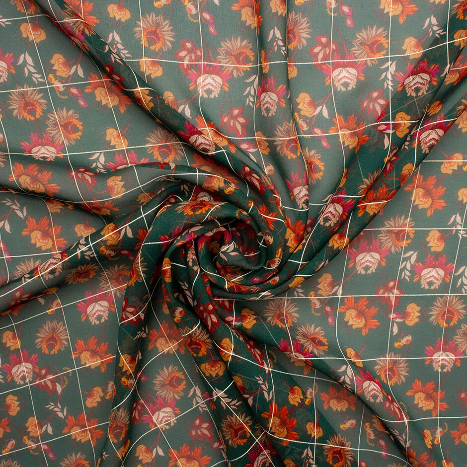 Soft Red & Orange Floral Printed Green Pure Silk Georgette