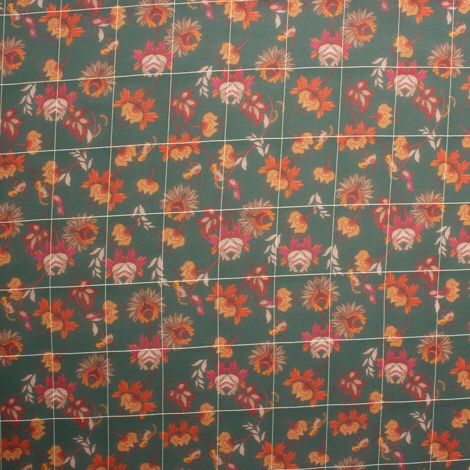 Soft Red & Orange Floral Printed Green Pure Silk Georgette