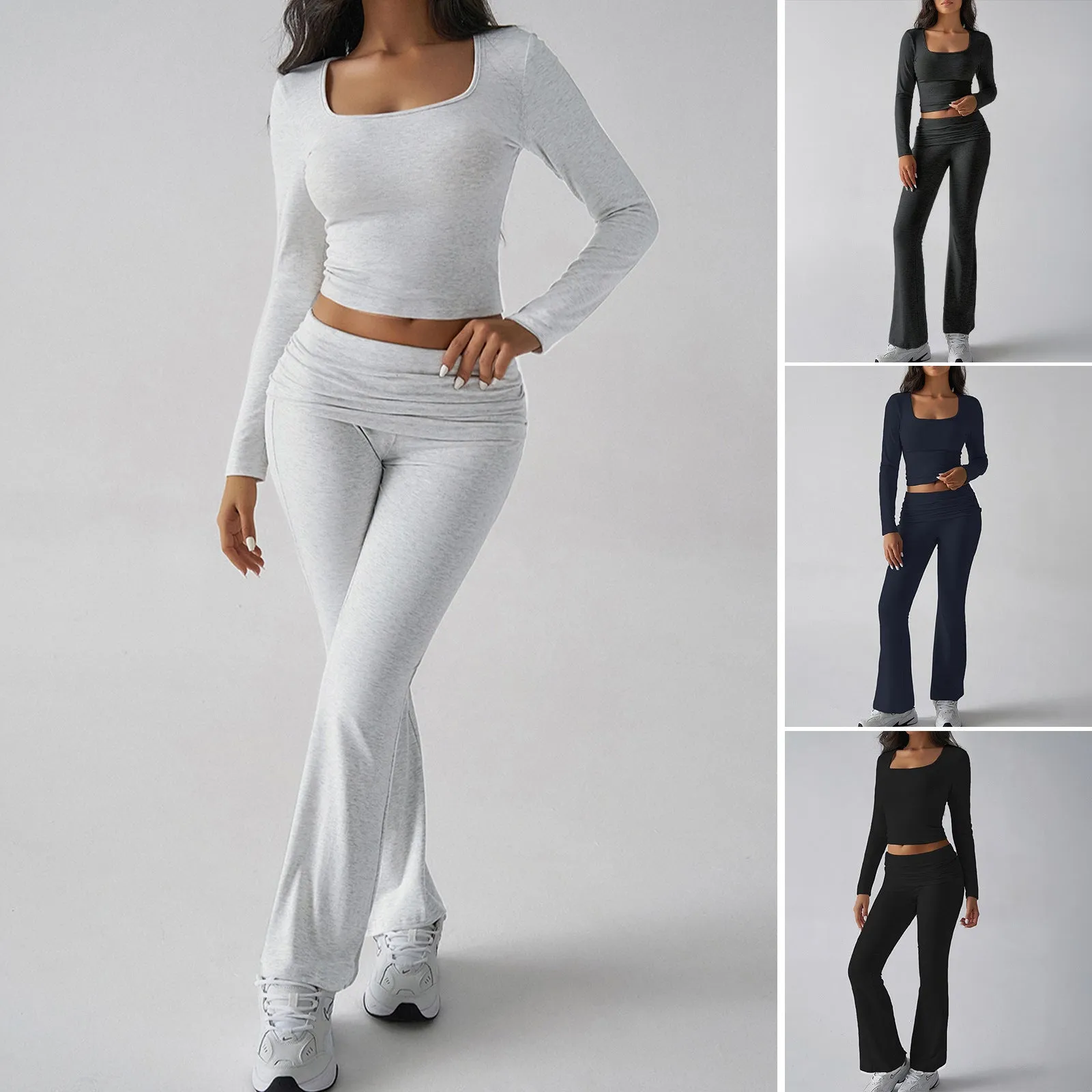 Solid Color Casual Knit Long Sleeve Top Pant Yoga Wear Two Piece Set Wholesale Womens Clothing N3824101000021