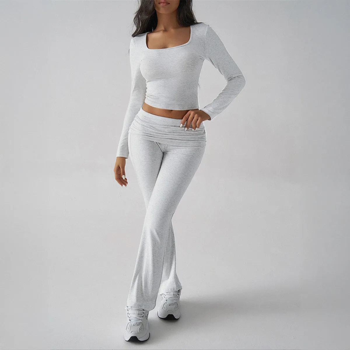 Solid Color Casual Knit Long Sleeve Top Pant Yoga Wear Two Piece Set Wholesale Womens Clothing N3824101000021