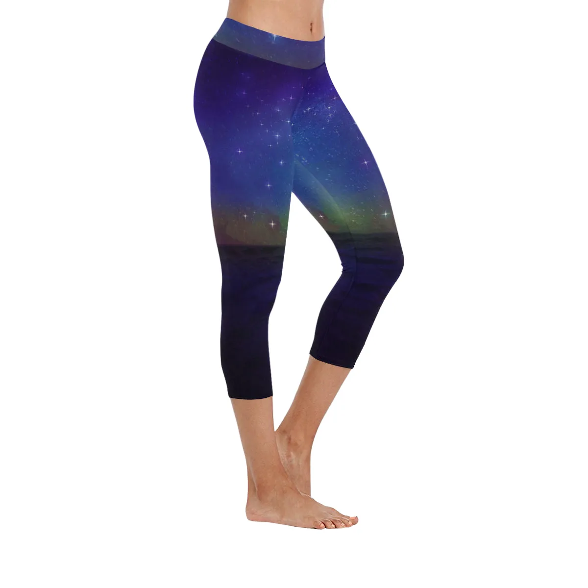 Starry Night on the sea Women's Low Rise Capri Leggings (Invisible Stitch)