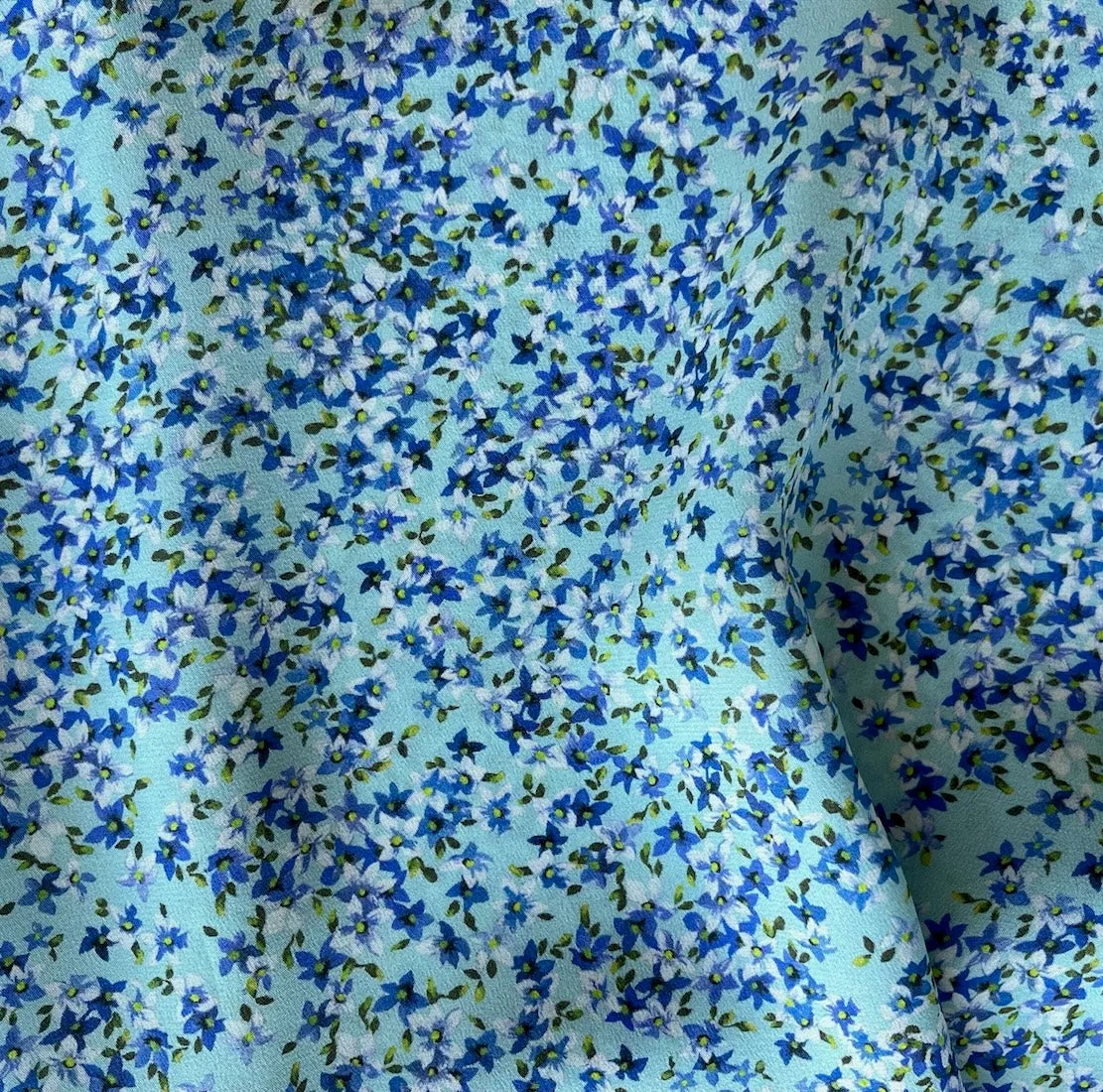 Sweet Starflowers on Aqua Silk Crepe de Chine (Made in Italy)