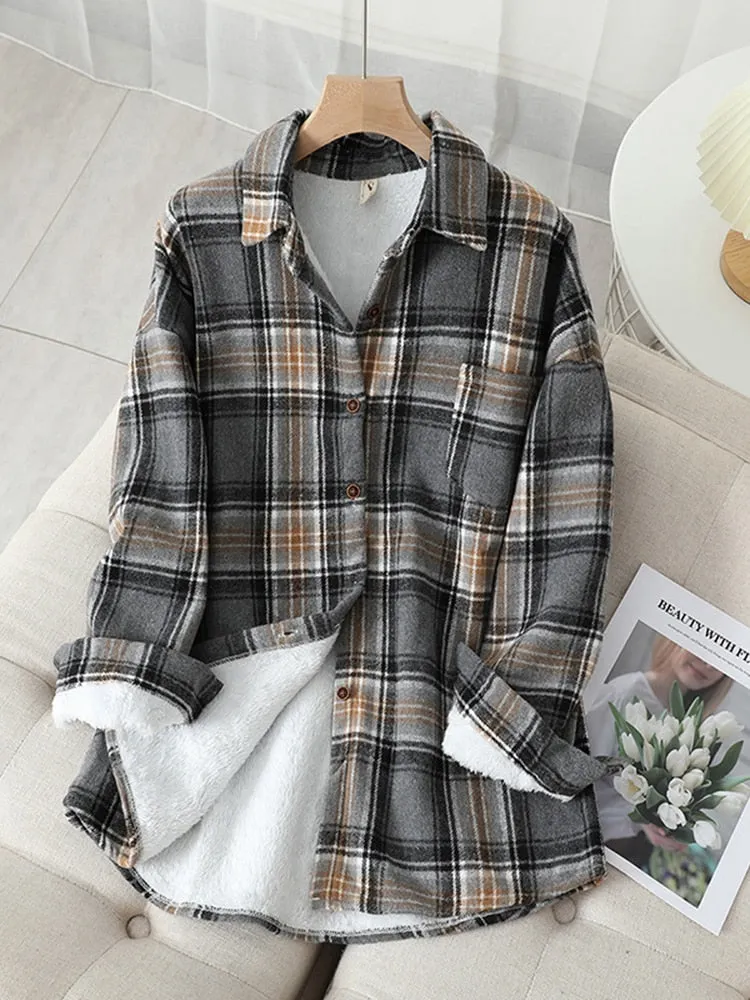 Velvet Thicken Plaid Shirts Blouses Autumn Winter Warm Shirts