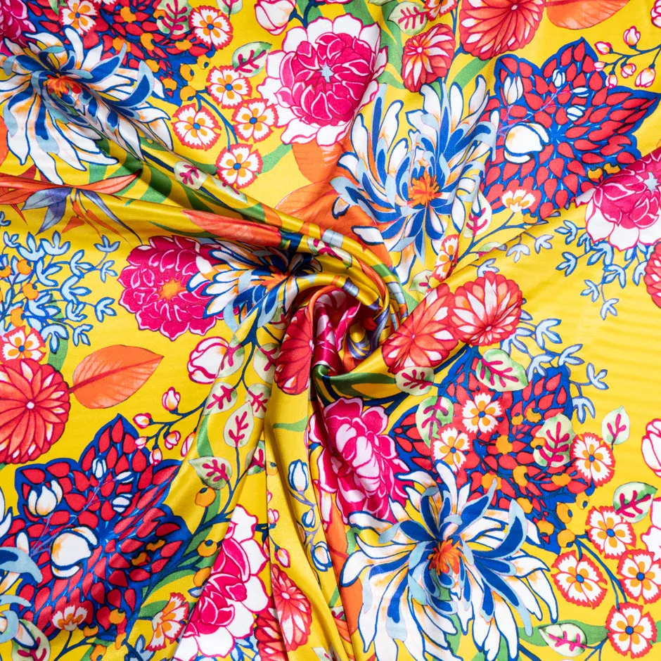 Vibrant Floral Printed Yellow Silk Satin