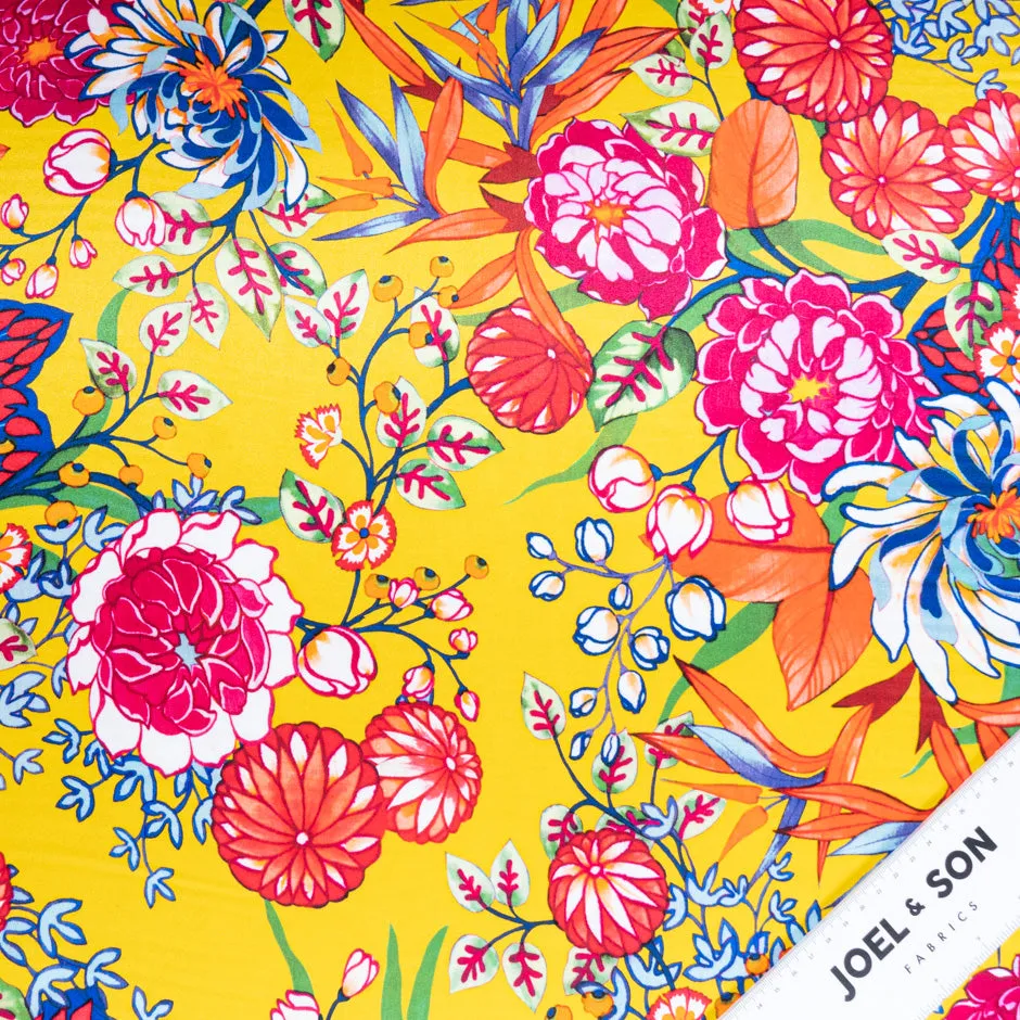 Vibrant Floral Printed Yellow Silk Satin