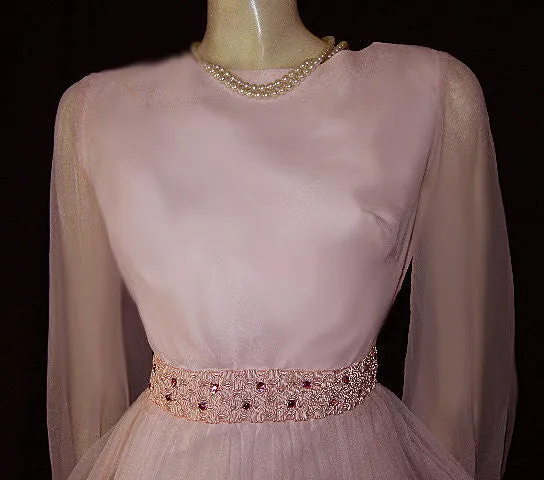 VINTAGE ‘50s PINK PLEATED PARTY DRESS ADORNED WITH SPARKING PINK RHINESTONES & BRAID WITH METAL ZIPPER