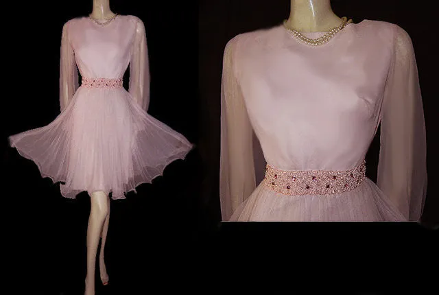 VINTAGE ‘50s PINK PLEATED PARTY DRESS ADORNED WITH SPARKING PINK RHINESTONES & BRAID WITH METAL ZIPPER