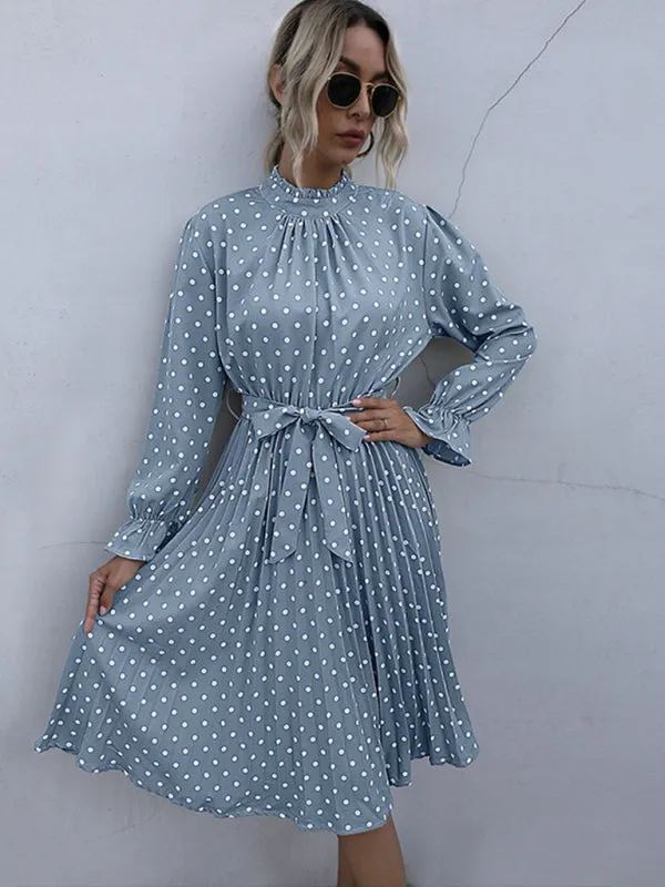 Vintage Women's Pleated Turtleneck Polka Dot Long Sleeve Slim Dress