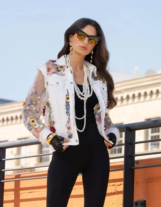 White Denim Jacket with Floral Embroidery