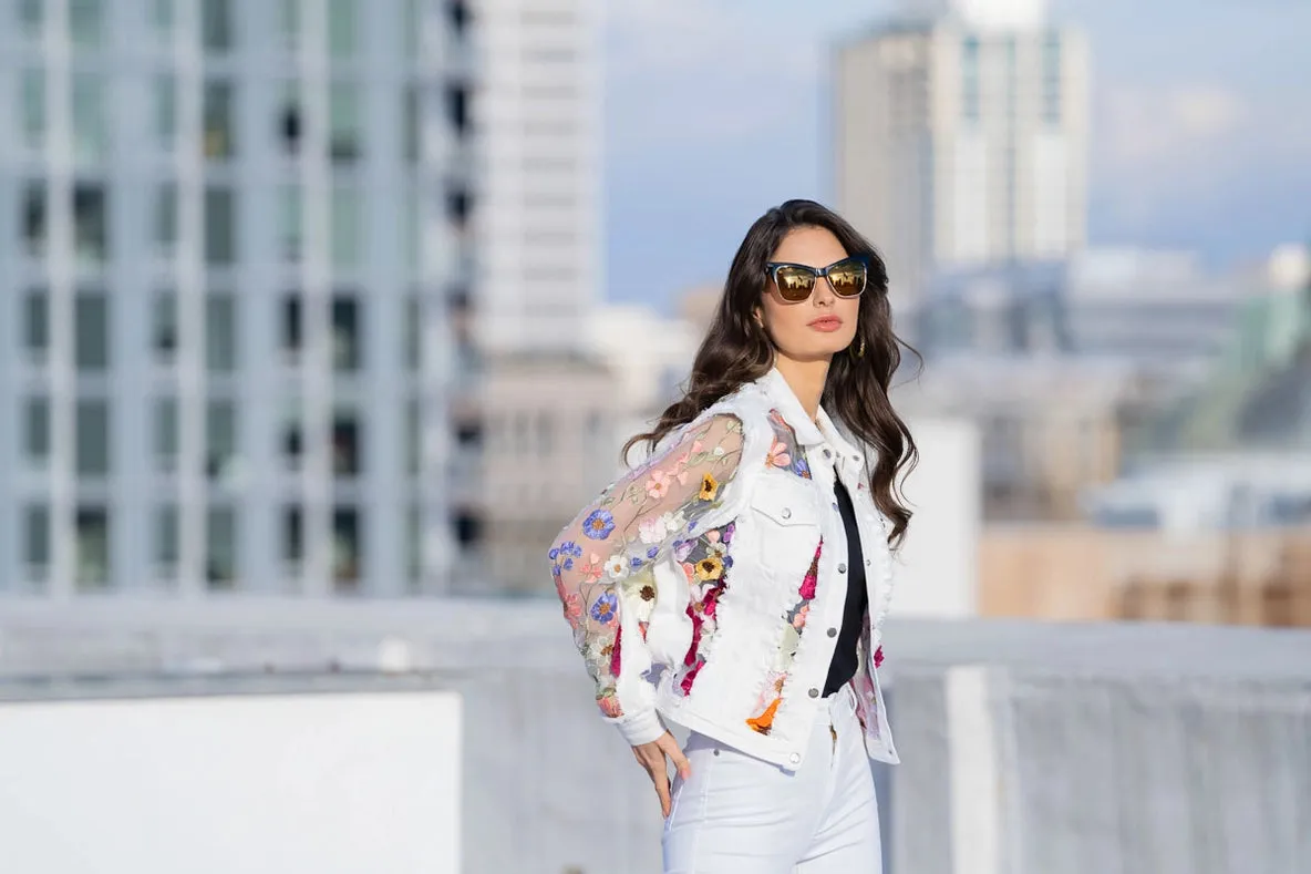 White Denim Jacket with Floral Embroidery