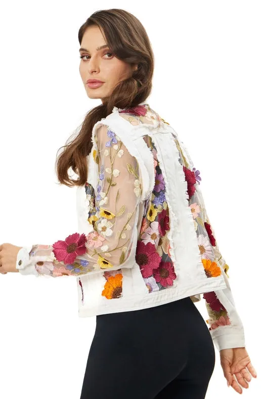 White Denim Jacket with Floral Embroidery