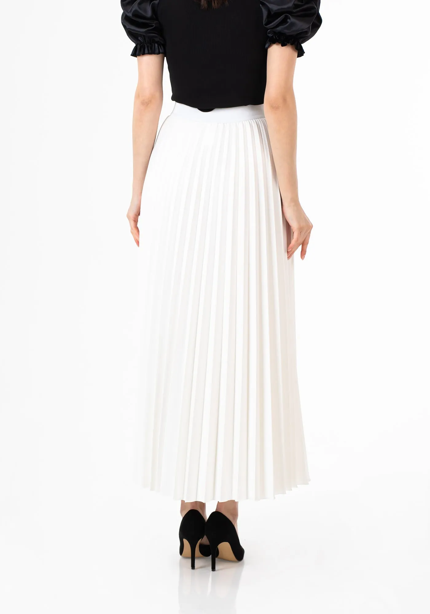 White Pleated Maxi Skirt Elastic Waist Band Ankle Length Plisse Skirt