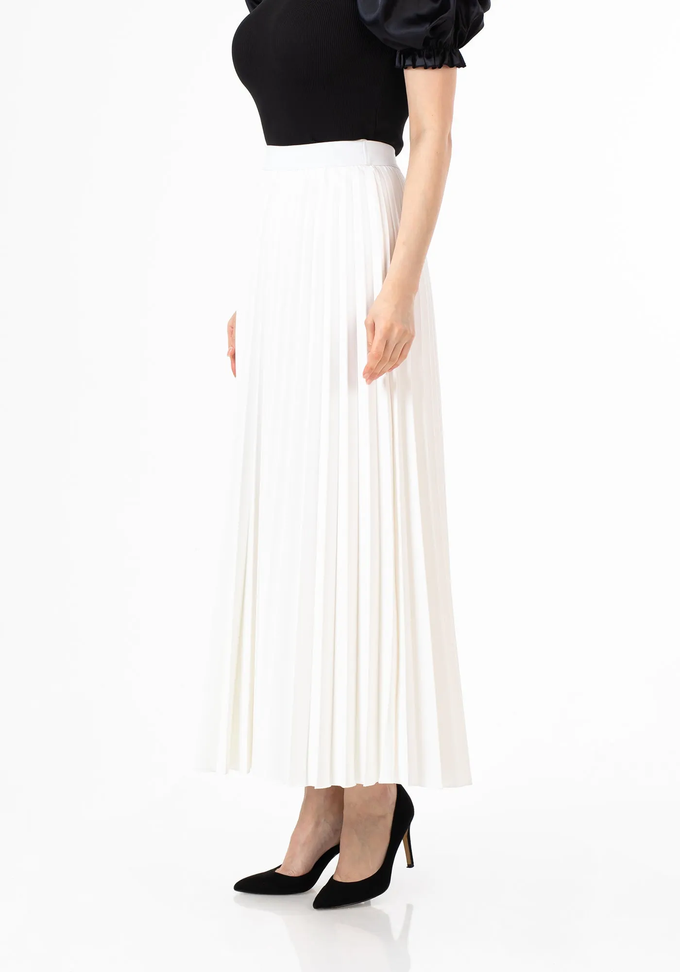 White Pleated Maxi Skirt Elastic Waist Band Ankle Length Plisse Skirt