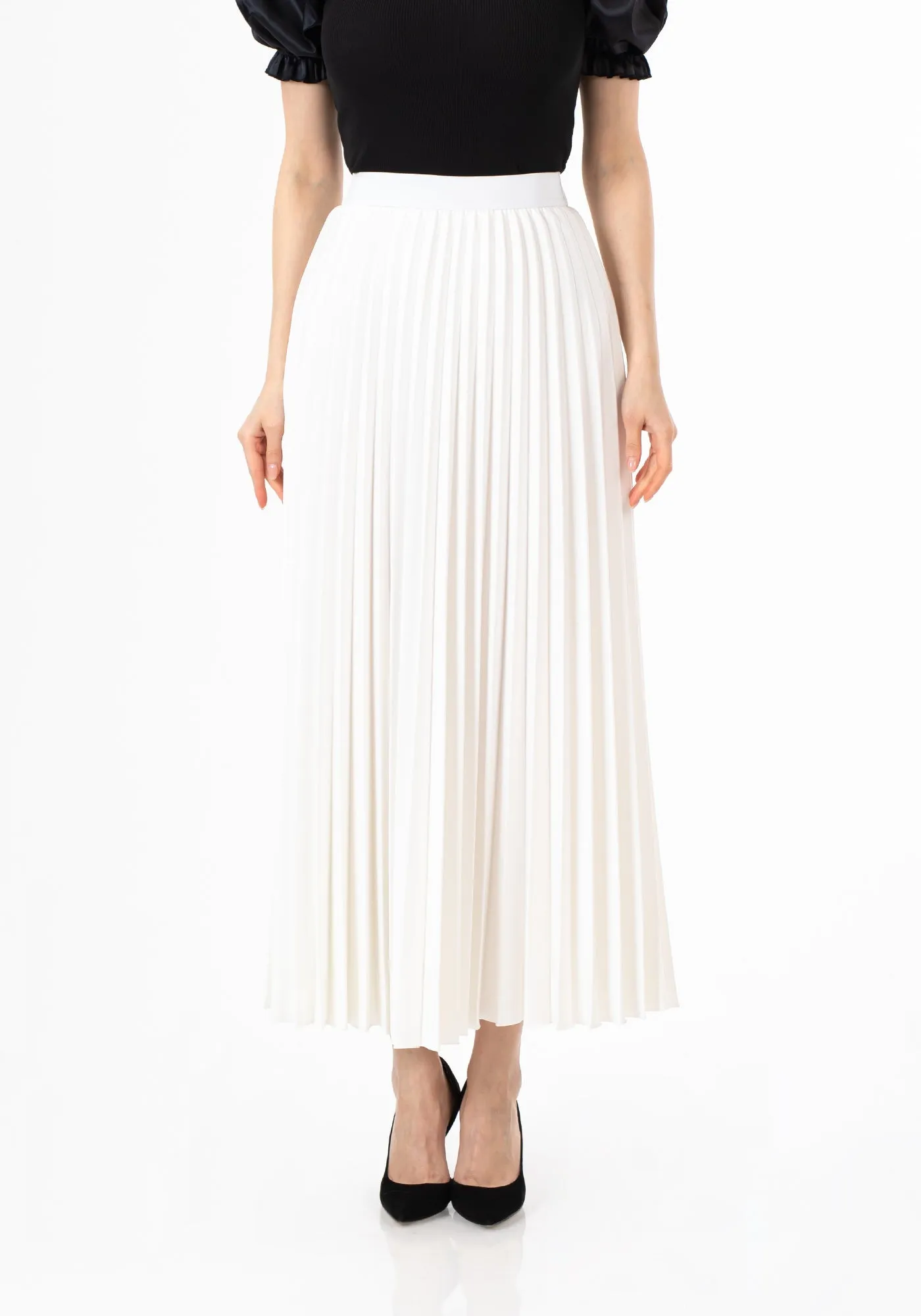 White Pleated Maxi Skirt Elastic Waist Band Ankle Length Plisse Skirt