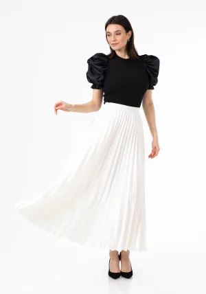 White Pleated Maxi Skirt Elastic Waist Band Ankle Length Plisse Skirt