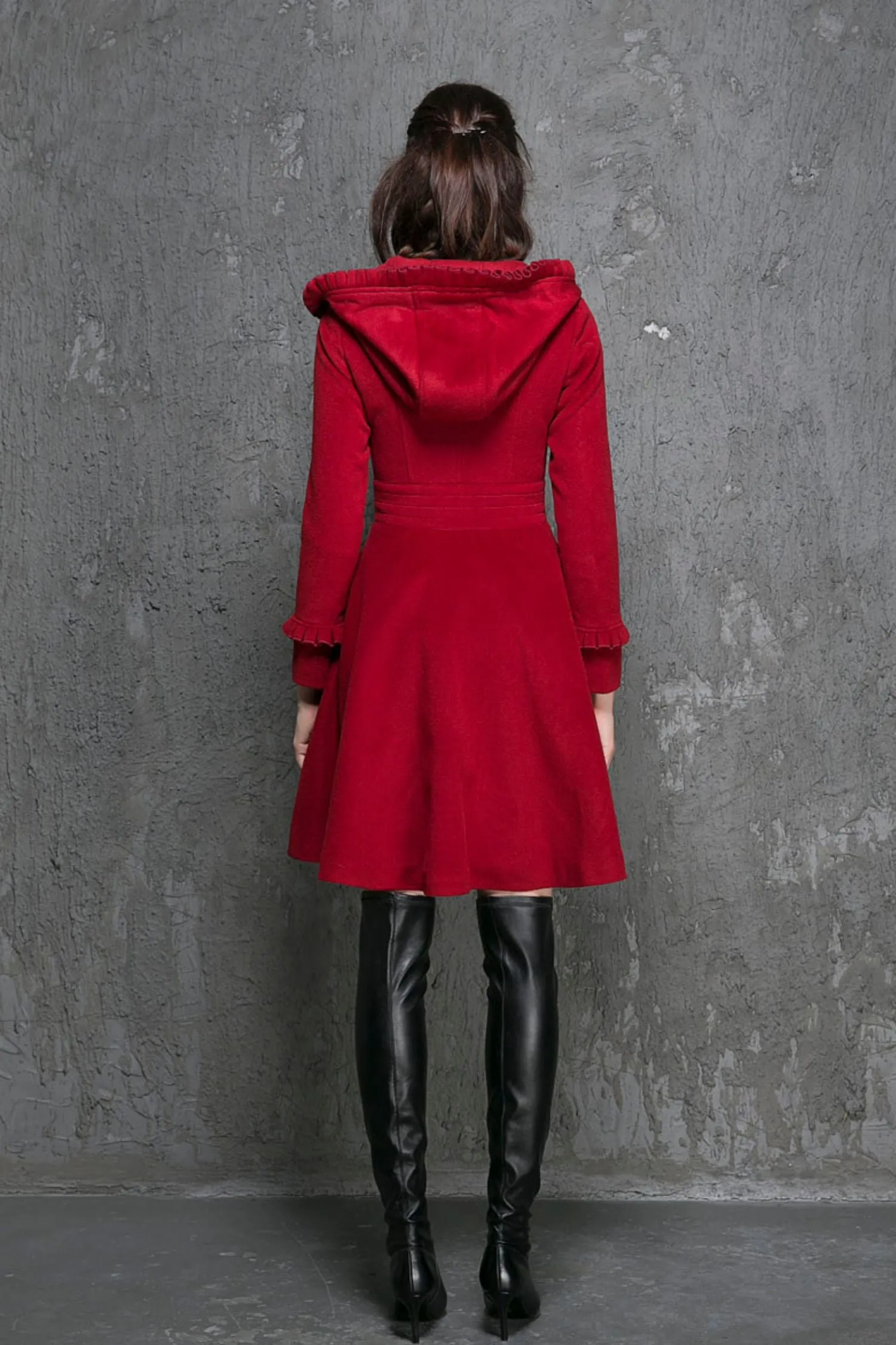 Wine red wool winter women hooded coat 1354