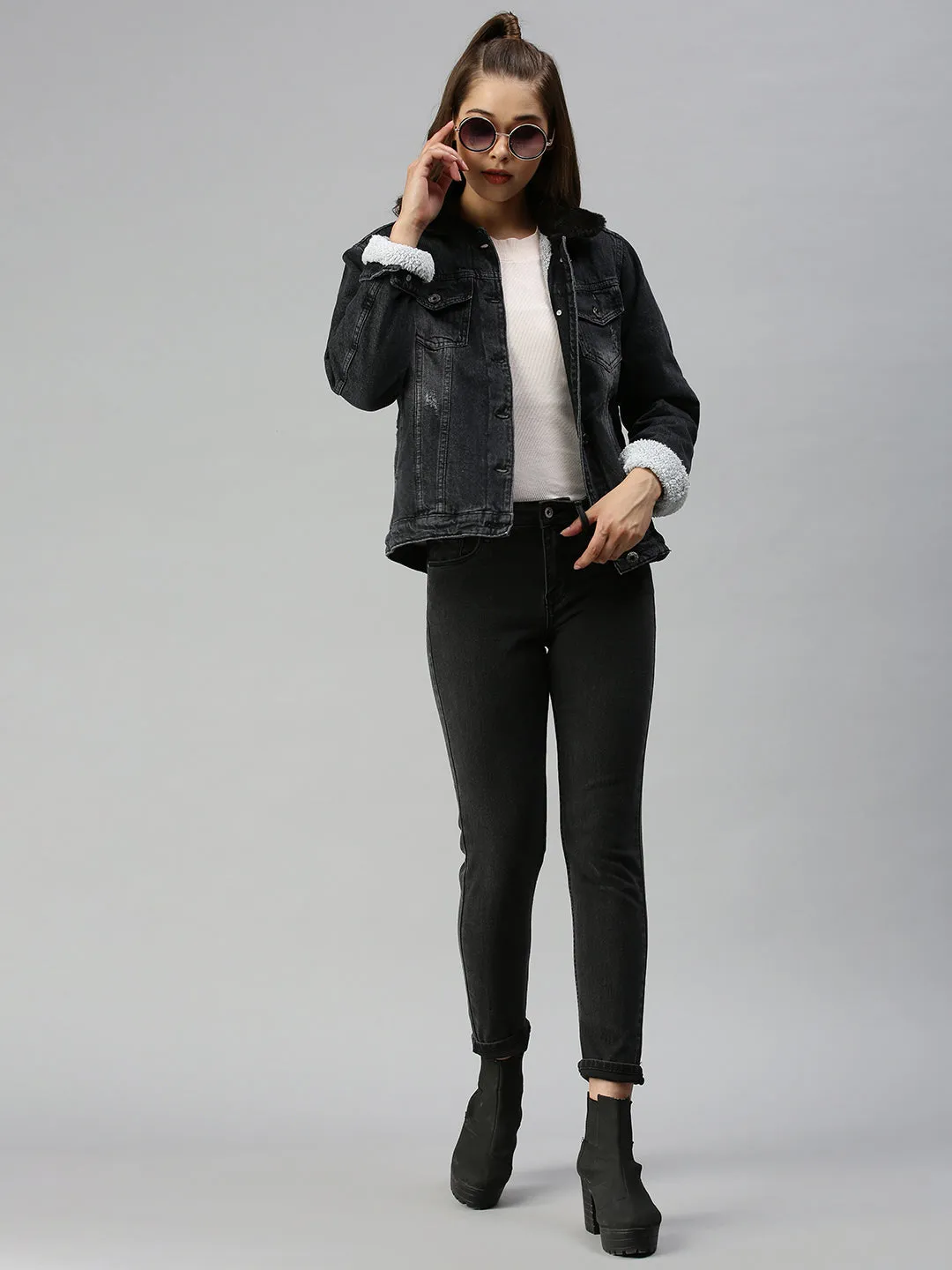 Women's Black Solid Denim Jacket Jackets