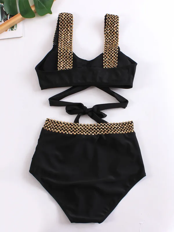 Women's Golden High-Waisted Bikini Set with Twist Bra