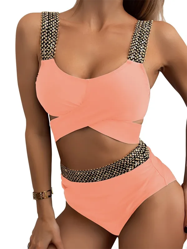 Women's Golden High-Waisted Bikini Set with Twist Bra