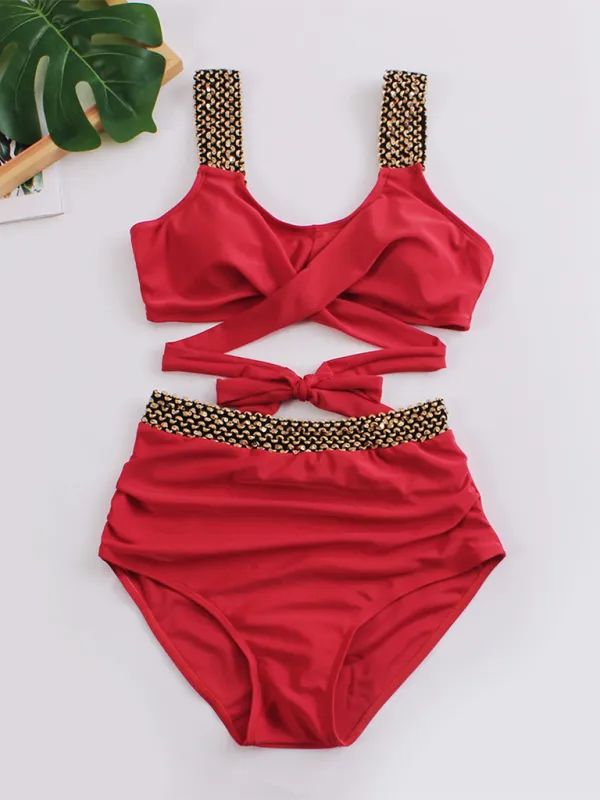 Women's Golden High-Waisted Bikini Set with Twist Bra