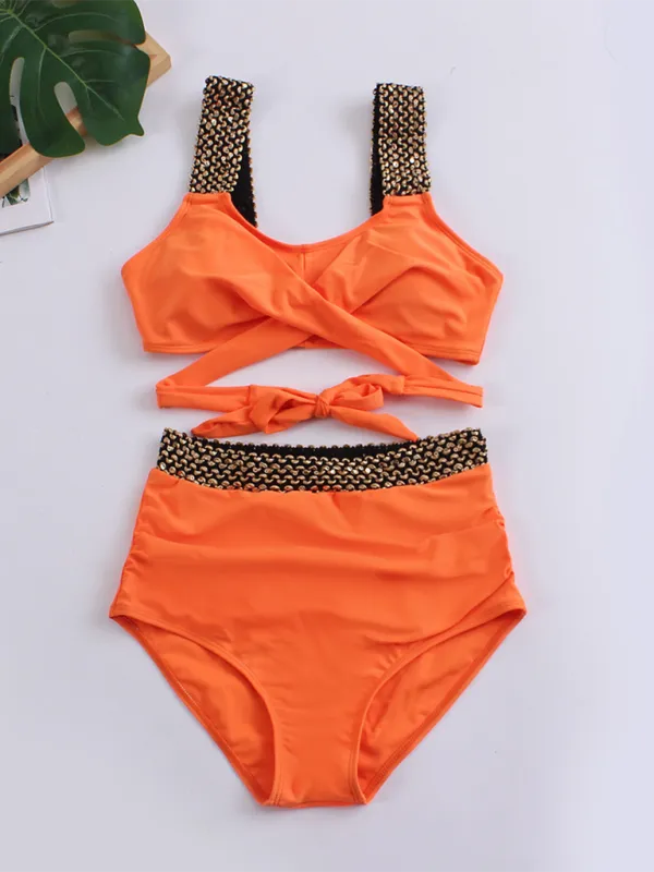 Women's Golden High-Waisted Bikini Set with Twist Bra