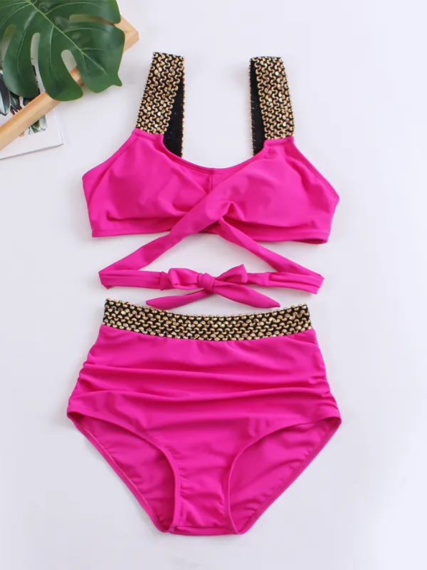 Women's Golden High-Waisted Bikini Set with Twist Bra