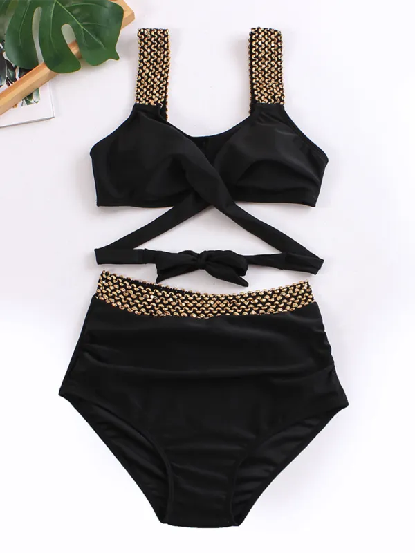 Women's Golden High-Waisted Bikini Set with Twist Bra