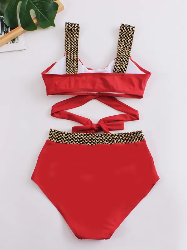 Women's Golden High-Waisted Bikini Set with Twist Bra