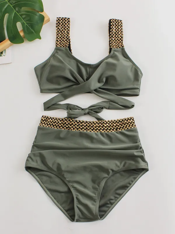 Women's Golden High-Waisted Bikini Set with Twist Bra