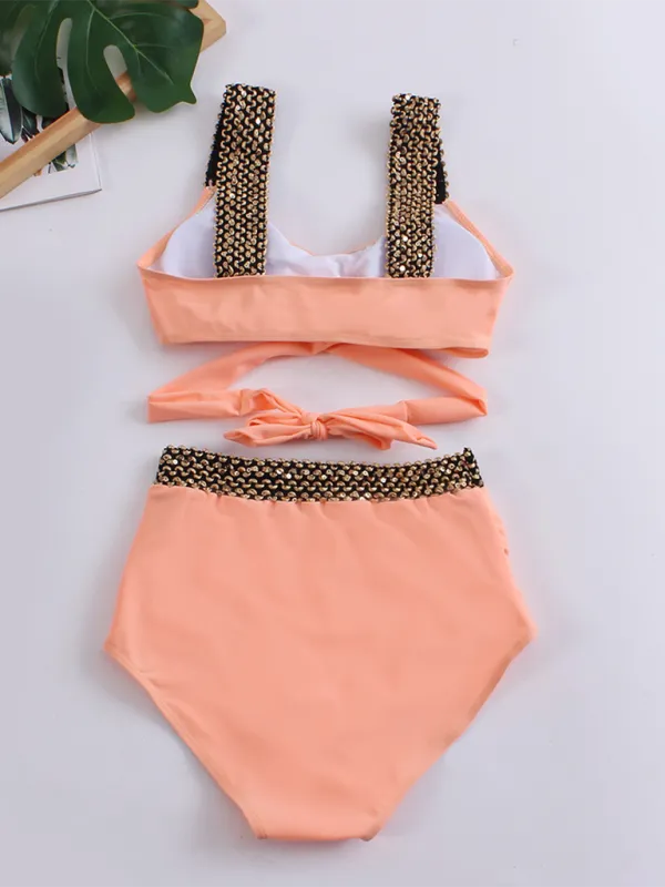 Women's Golden High-Waisted Bikini Set with Twist Bra