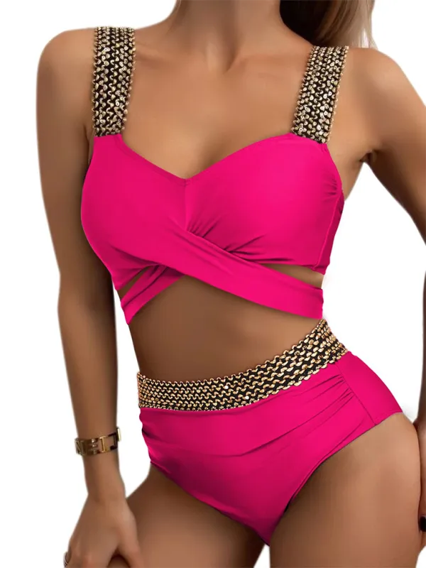 Women's Golden High-Waisted Bikini Set with Twist Bra