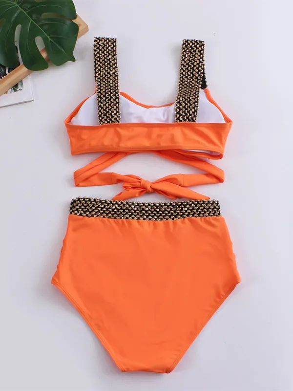 Women's Golden High-Waisted Bikini Set with Twist Bra