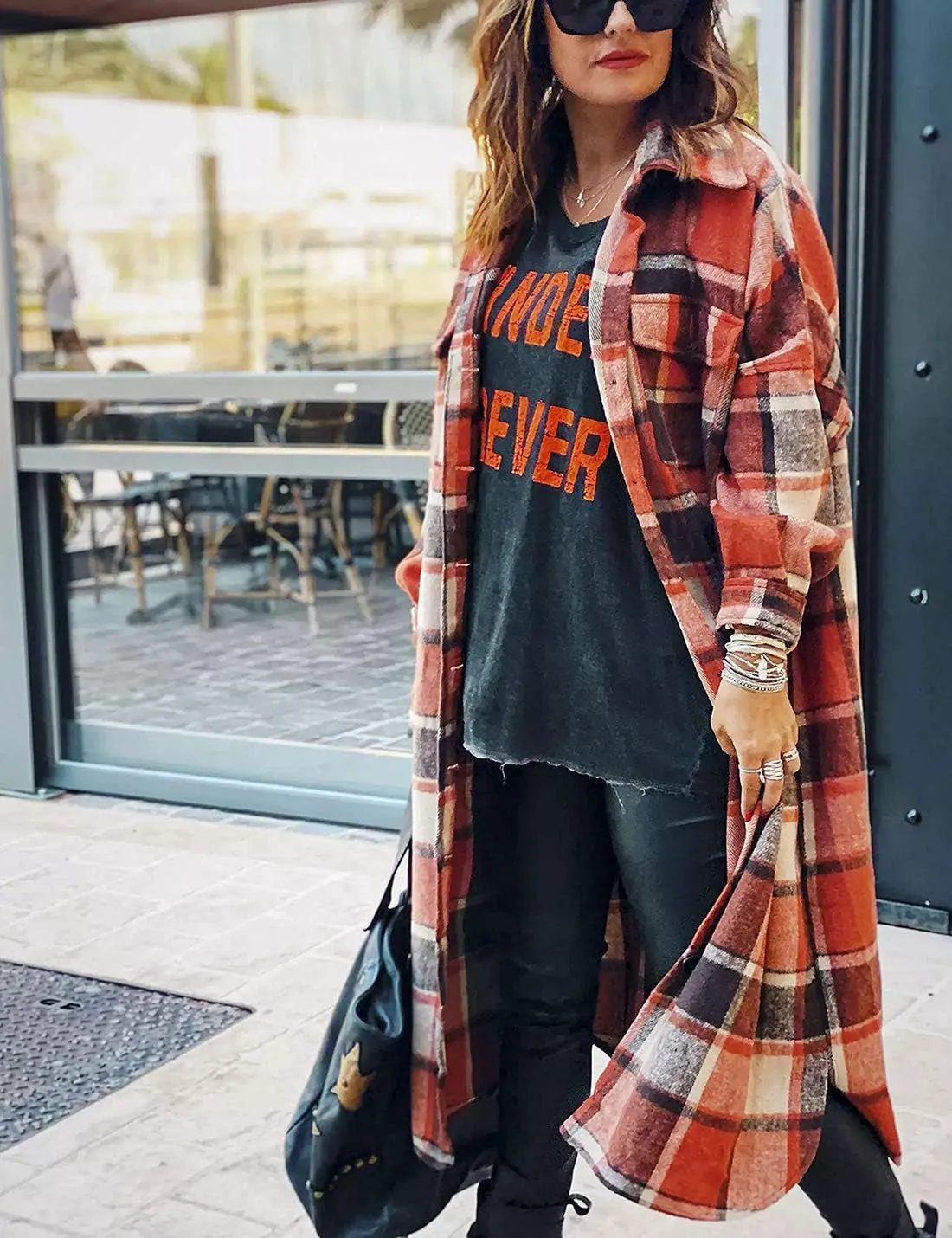 Women's Lounge Lapel Button up Long Sleeve Plaid Shirt Jacket