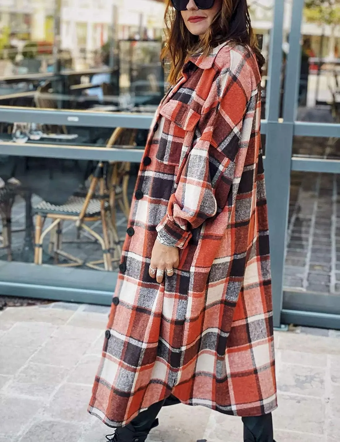 Women's Lounge Lapel Button up Long Sleeve Plaid Shirt Jacket