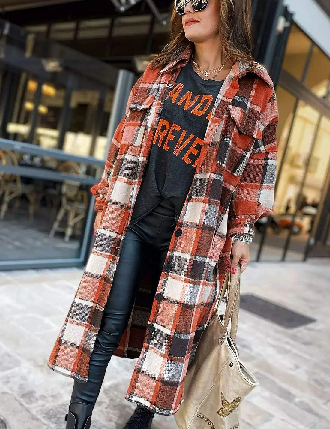 Women's Lounge Lapel Button up Long Sleeve Plaid Shirt Jacket